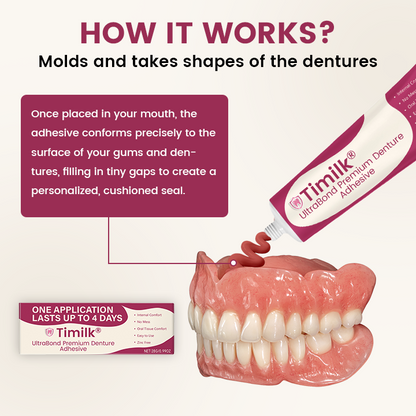 Timilk® UltraBond Premium лепило за протези 🔥🔥 Сертифицирано от FDA (Клинично доказано 4-дневно задържане за сигурно, удобно и безцинково прилягане на протезата 🦷)