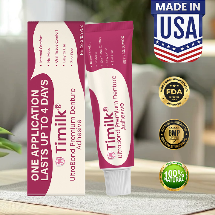 Timilk® UltraBond Premium лепило за протези 🔥🔥 Сертифицирано от FDA (Клинично доказано 4-дневно задържане за сигурно, удобно и безцинково прилягане на протезата 🦷)