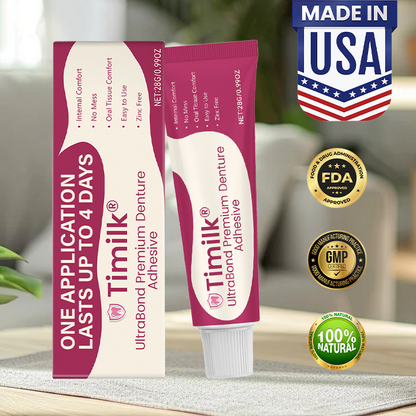 Timilk® UltraBond Premium лепило за протези 🔥🔥 Сертифицирано от FDA (Клинично доказано 4-дневно задържане за сигурно, удобно и безцинково прилягане на протезата 🦷)