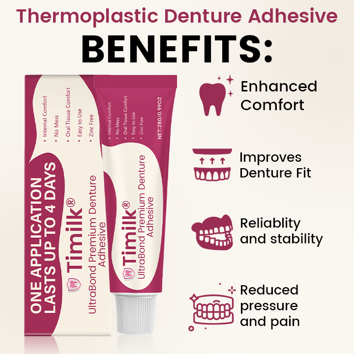Timilk® UltraBond Premium лепило за протези 🔥🔥 Сертифицирано от FDA (Клинично доказано 4-дневно задържане за сигурно, удобно и безцинково прилягане на протезата 🦷)