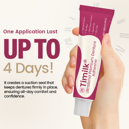 Timilk® UltraBond Premium лепило за протези 🔥🔥 Сертифицирано от FDA (Клинично доказано 4-дневно задържане за сигурно, удобно и безцинково прилягане на протезата 🦷)