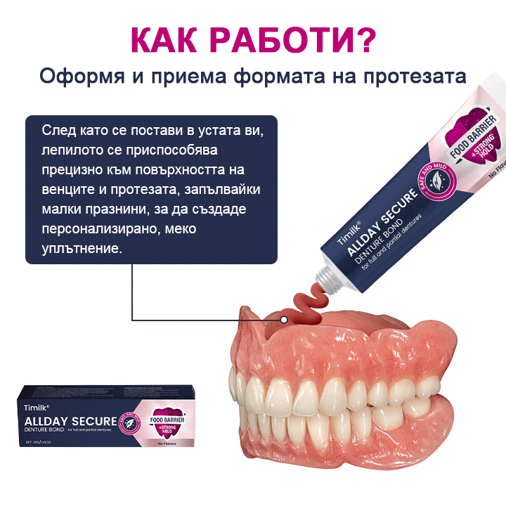 Timilk® Цялодневен Сигурен Залепващ Крем за Протези